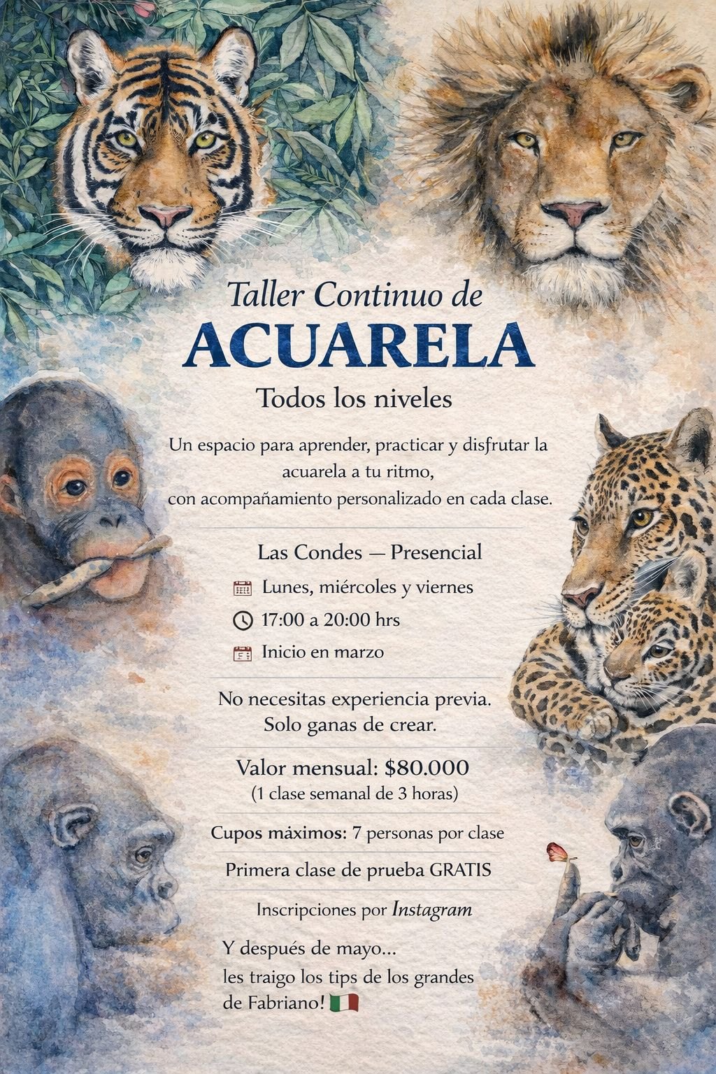 Cartel del Taller Continuo de Acuarela de Sarah Atalah Perrot — Las Condes, lunes/miércoles/viernes 17 a 20 hrs