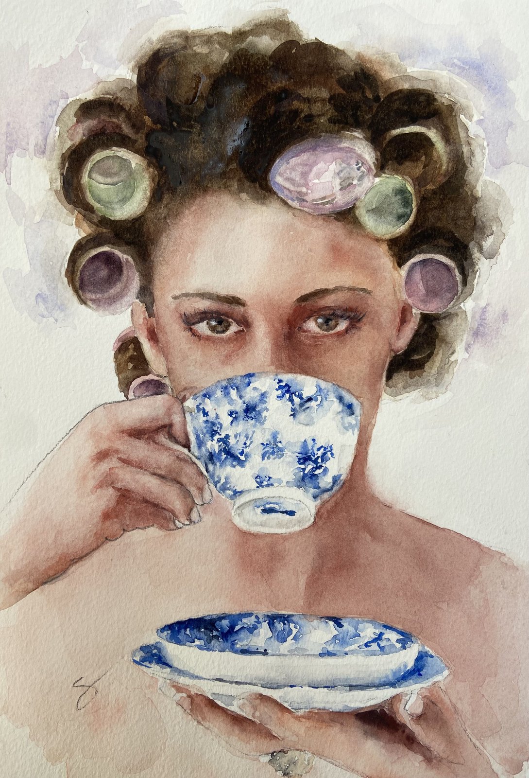 Café, mujer en bata tomando una taza, acuarela por Sarah Atalah Perrot
