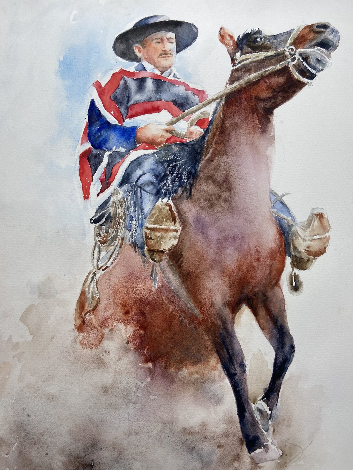 Huaso chileno con manta tricolor, acuarela por Sarah Atalah Perrot
