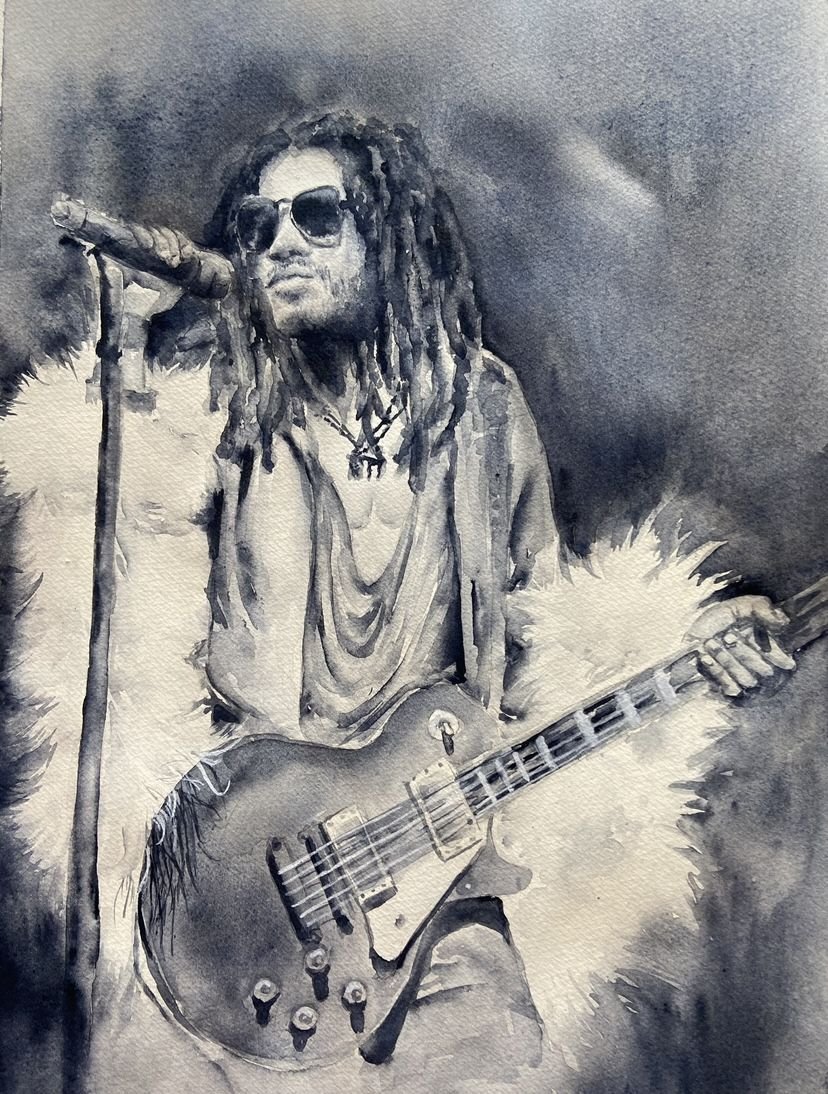 Retrato en acuarela de Lenny Kravitz con guitarra, por Sarah Atalah Perrot