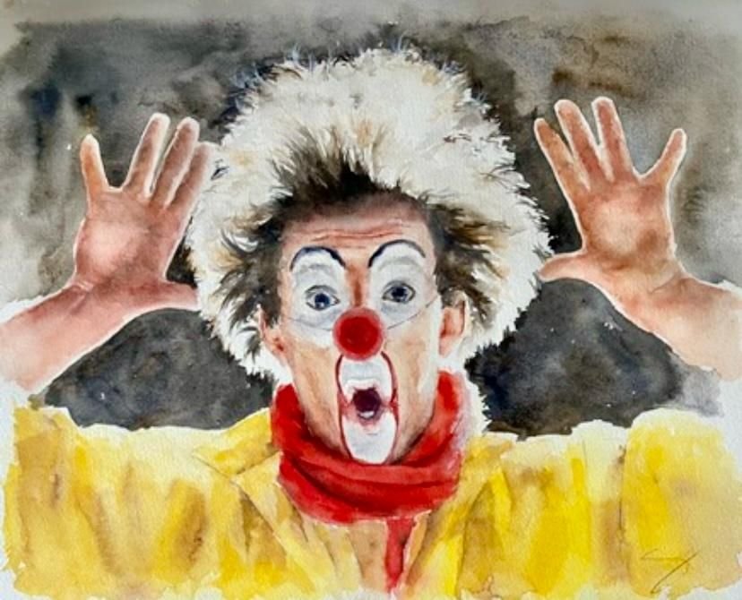Payaso, acuarela de Sarah Atalah Perrot, exhibida en Urbino in Acquerello 2026