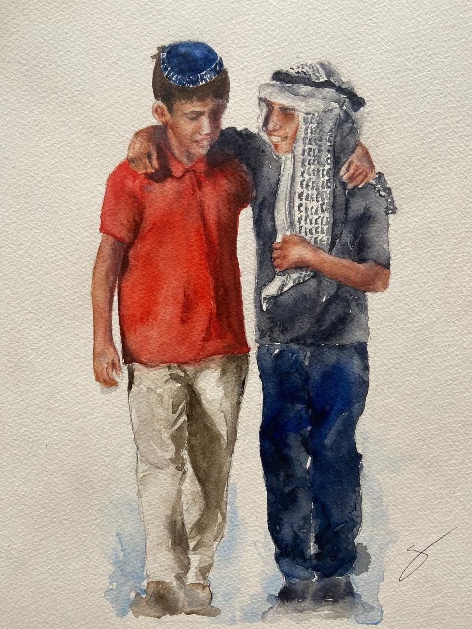 Paz, dos niños abrazados representando un mensaje de paz, acuarela por Sarah Atalah Perrot
